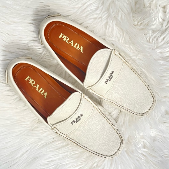 Prada Other - Prada Men's Logo Leather Loafer Driving Shoes Cream Size 7.5